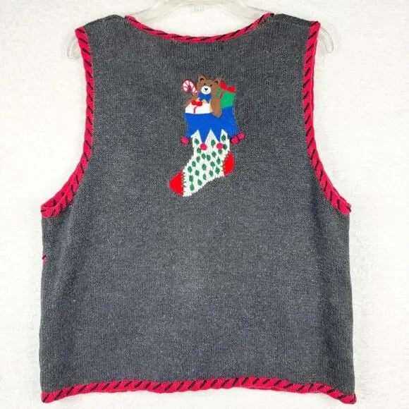 Vintage Holiday Grannycore Knit Zip Front Vest L Festive Ugly Christmas Sweater - Picture 8 of 13